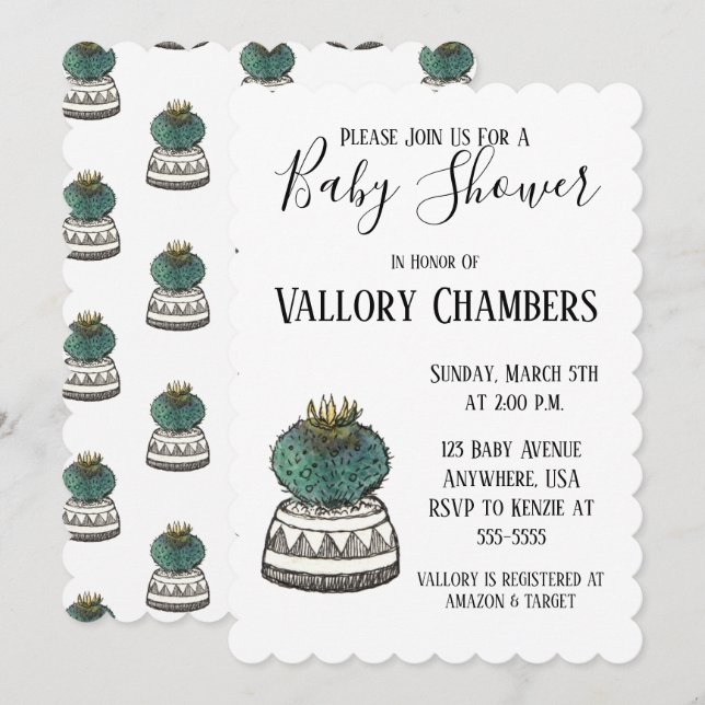 Invitation Baby shower de cactus Succulent Poted (Devant / Derrière)