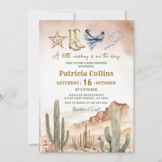 Invitation Baby shower de cactus succulents du désert rustiqu (Devant)
