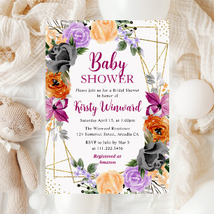 Invitation Baby shower de cadre de fleurs noires violettes or
