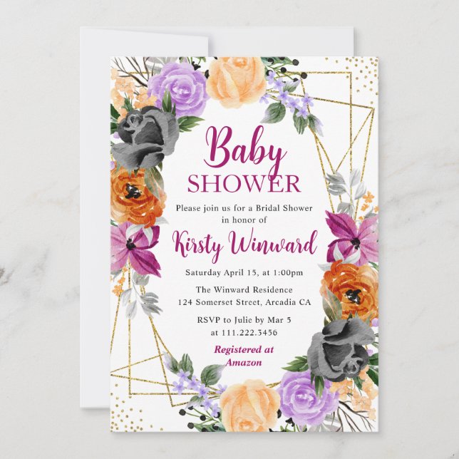 Invitation Baby shower de cadre de fleurs noires violettes or (Devant)