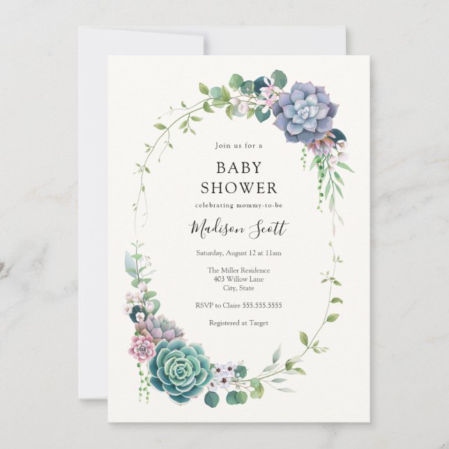 Invitation Baby shower de cadre de verdure et de succulent (Devant)