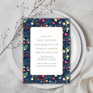 Invitation Baby shower de cadre Fleur sauvage bleu marine