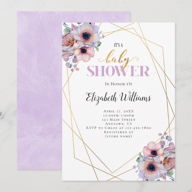 Invitation Baby shower de cadre géométrique Lavender Flowers (Devant / Derrière)