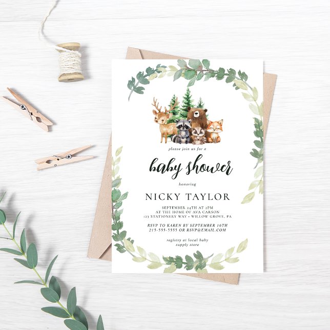 Invitation Baby shower de cadre pour animaux mignons en bois (Créateur téléchargé)