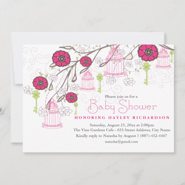 Invitation Baby shower de cage à oiseaux rose et v (Devant)