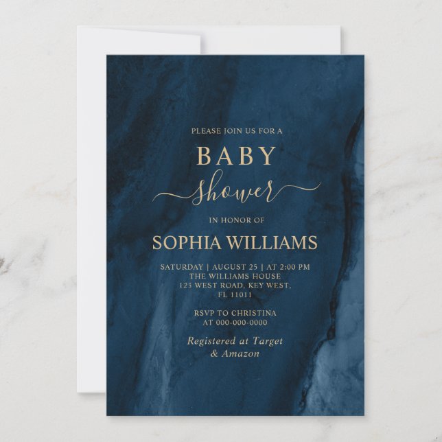 Invitation Baby shower de calligraphie bleu et or Marine (Devant)