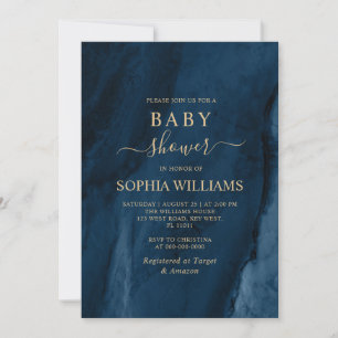 Invitation Baby shower de calligraphie bleu et or Marine
