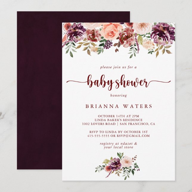 Invitation Baby shower de calligraphie florale d'été rustique (Devant / Derrière)