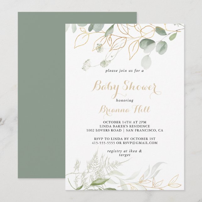Invitation Baby shower de calligraphie Gold Green Foliage (Devant / Derrière)
