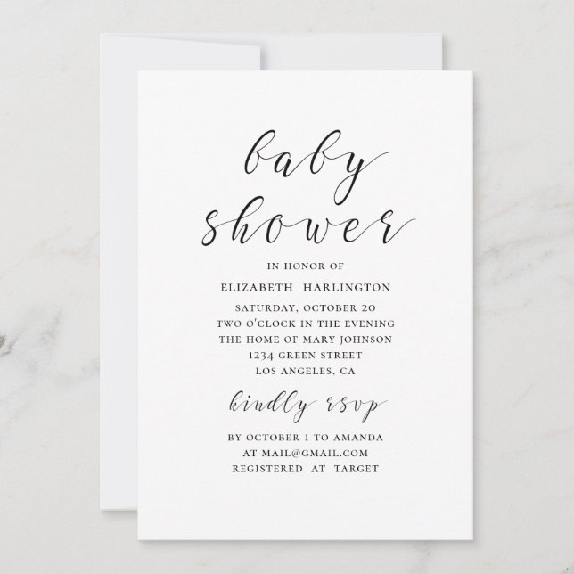 Invitation Baby shower de calligraphie moderne noir et blanc (Devant)