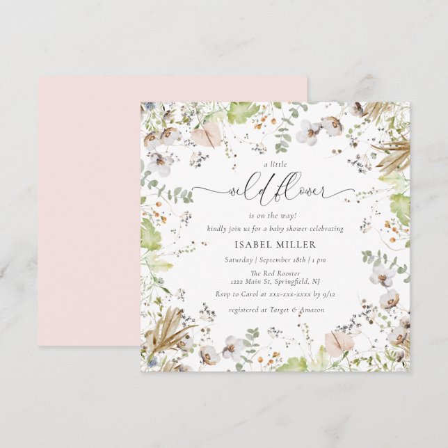 Invitation Baby shower de calligraphie petit Fleur sauvage (Devant / Derrière)