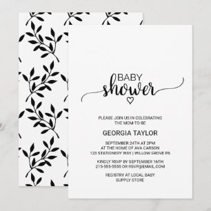 Invitation Baby shower de calligraphie simple noir et blanc