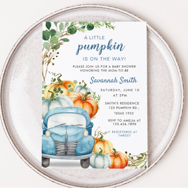 Invitation Baby shower de camion bleu petit Citrouille (Fall Pumpkin Blue Truck Baby Shower Invitation)