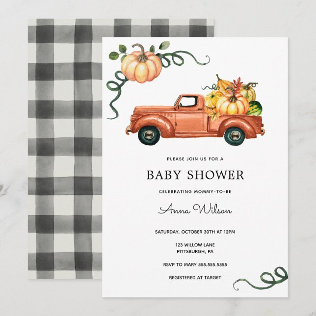 Invitation Baby shower de camion citrouille Automne (Devant / Derrière)