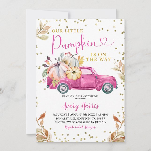 Invitation Baby shower de camion Citrouille rose (Devant)