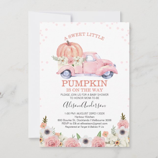 Invitation Baby shower de camion Citrouille rose automne (Devant)