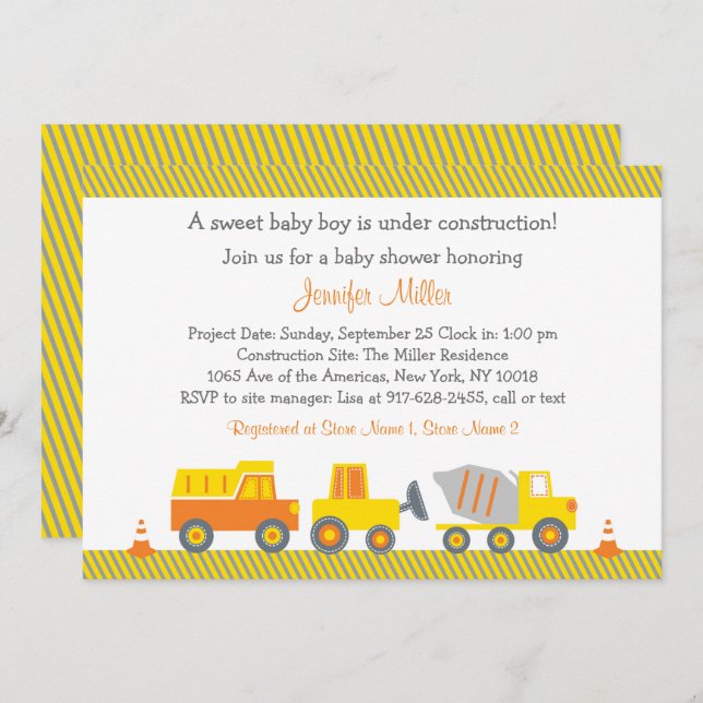Invitation Baby shower de camion de construction (Devant / Derrière)