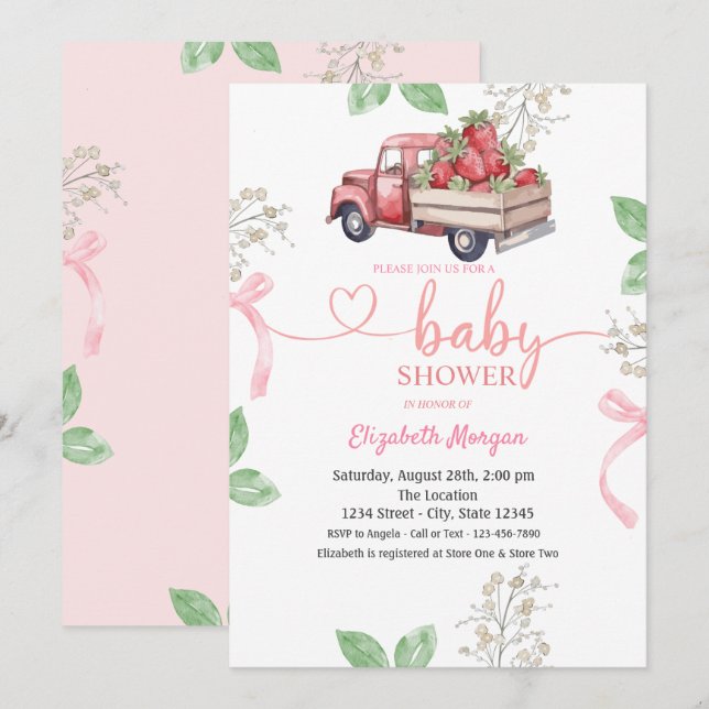 Invitation Baby shower de camion de fraise à l'aquarelle (Devant / Derrière)