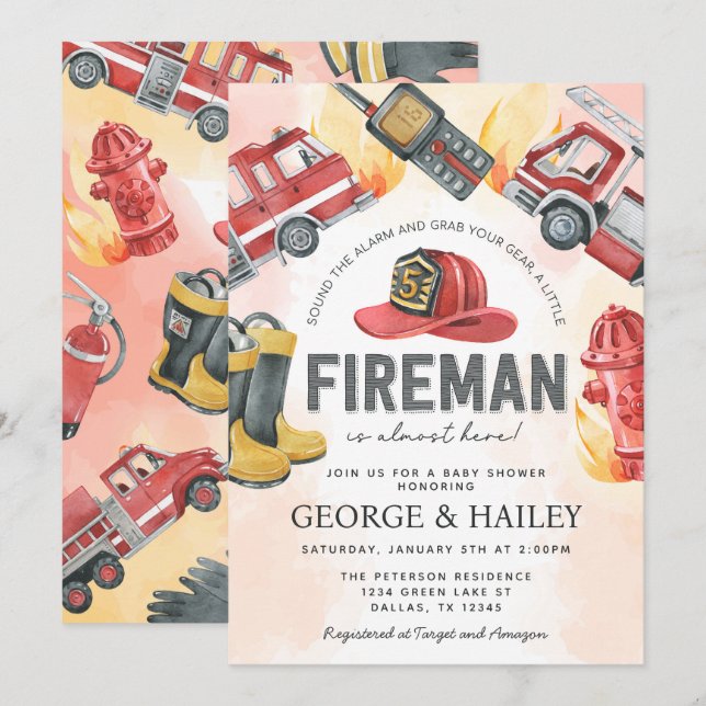 Invitation Baby shower de camion de moteur de feu rouge (Devant / Derrière)