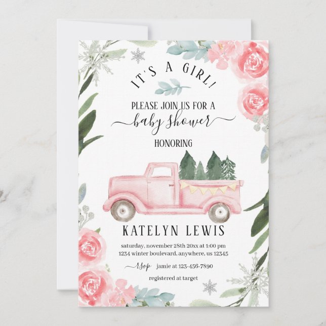 Invitation Baby shower de camion d'hiver Floral (Devant)