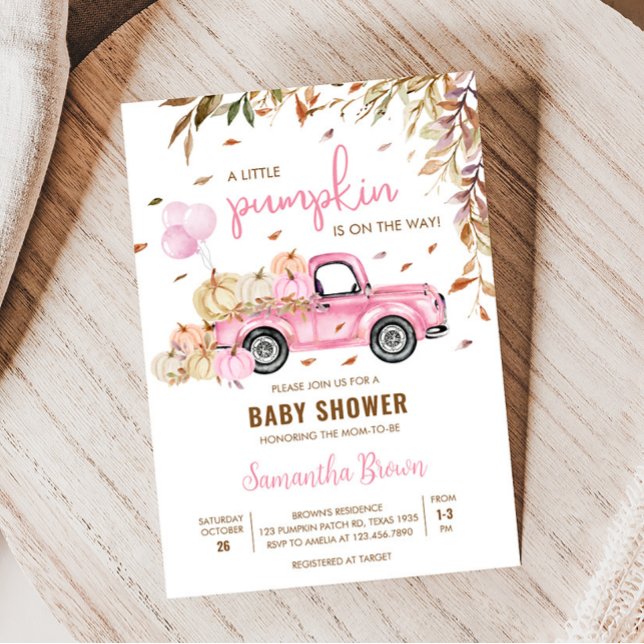 Invitation Baby shower de camion rose citrouille (Little Pumpkin Pink Truck Baby Shower Invitation)