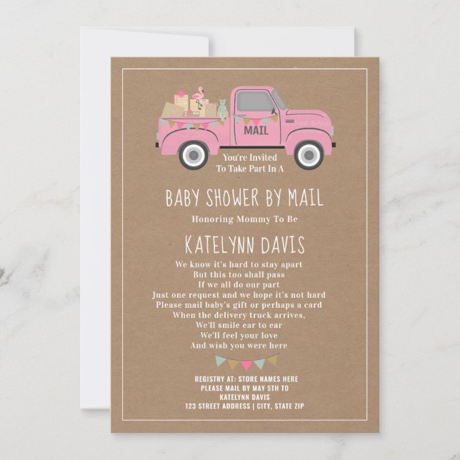 Invitation Baby shower De Camion Rose Inspiré Par Cardstock P (Devant)