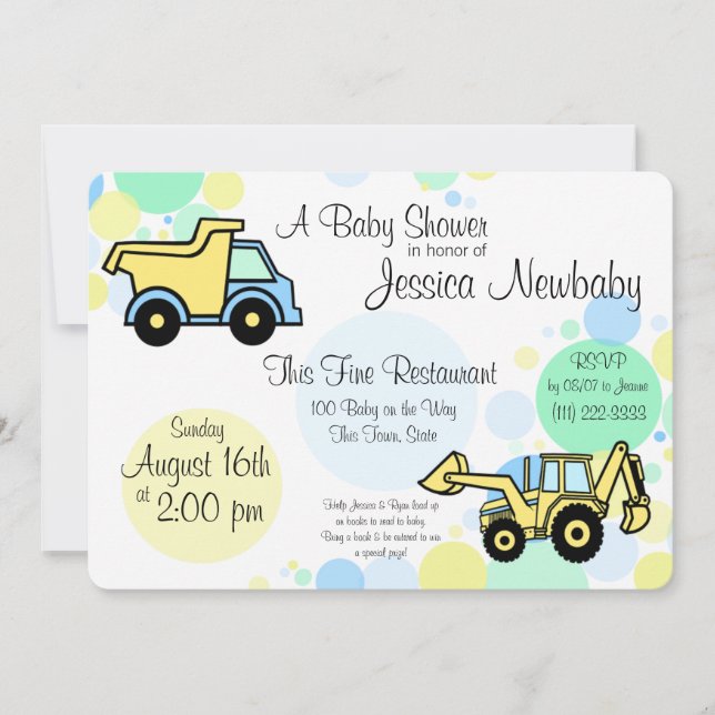 Invitation Baby shower de camions de construction (Devant)