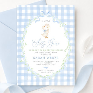 Invitation Baby Shower de Canard Fou à Carreaux Bleus