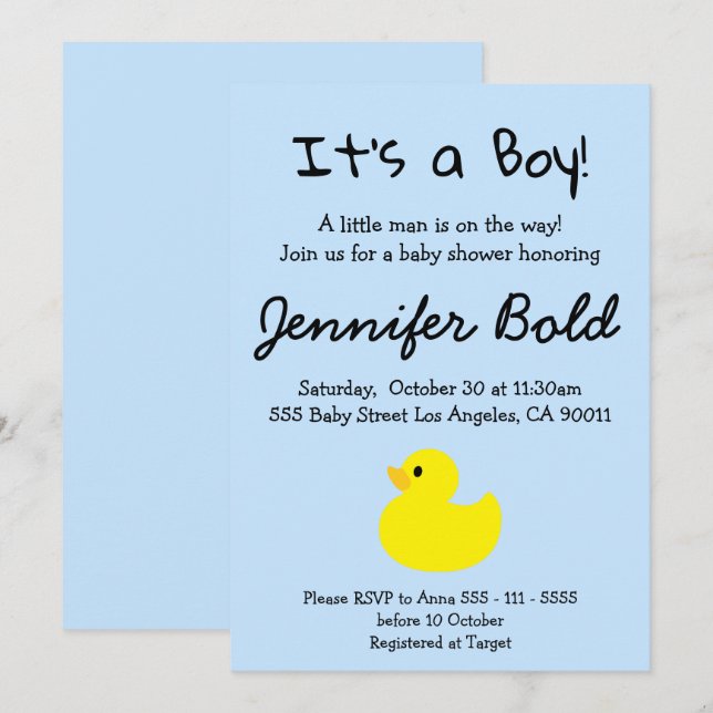 Invitation Baby shower de canard jaune (Devant / Derrière)