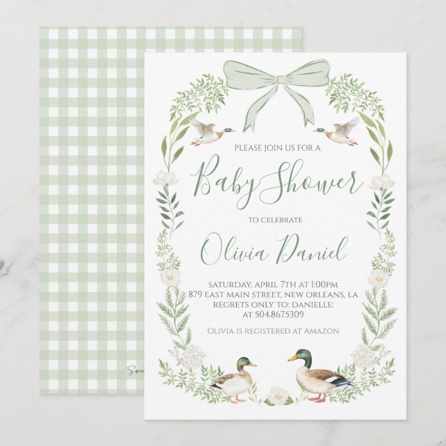 Invitation Baby shower de canard Preppy Coquette Sage Green (Devant / Derrière)