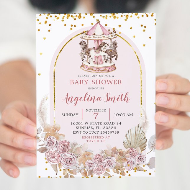Invitation Baby shower de carrousel boho rose et or (Créateur téléchargé)