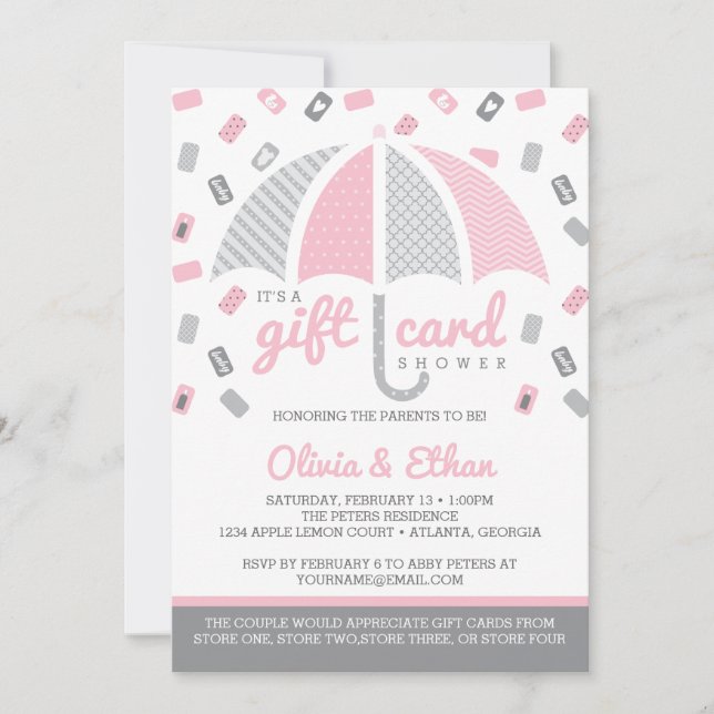 Invitation Baby shower de carte-cadeau, rose, gris (Devant)