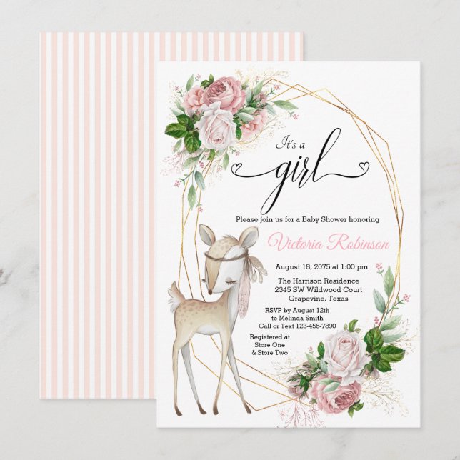 Invitation Baby shower de cerf de fille rose pâle (Devant / Derrière)