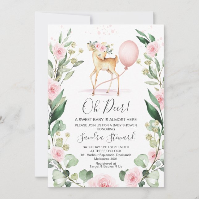 Invitation Baby shower de cerf rose rose rose rose rose (Devant)