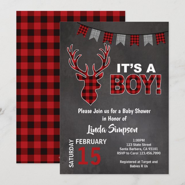 Invitation Baby shower de cerfs Buffalo plaqué rouge et gris (Devant / Derrière)
