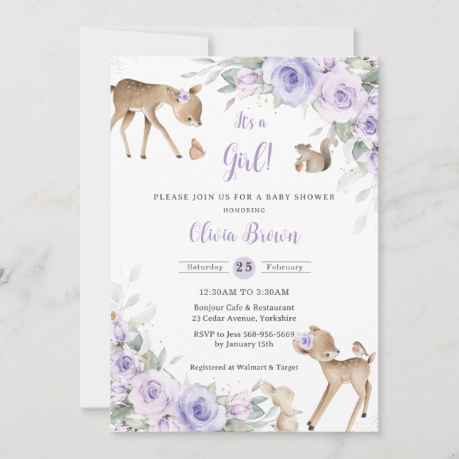 Invitation Baby shower de cerfs d'animaux de bois floraux pou (Devant)