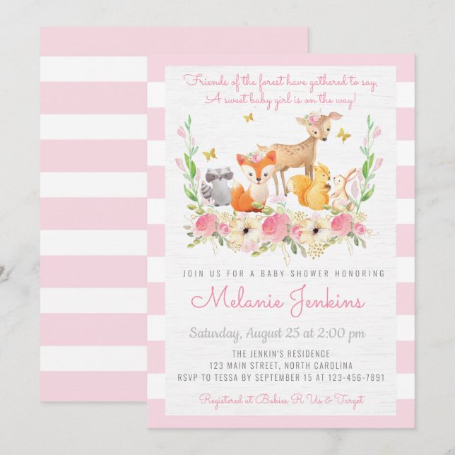 Invitation Baby shower de cerfs de Fille Woodland (Devant / Derrière)