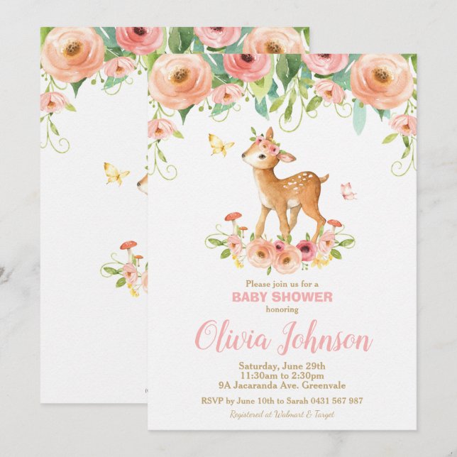 Invitation Baby shower de cerfs de fleurs Animaux de forêt Pe (Devant / Derrière)