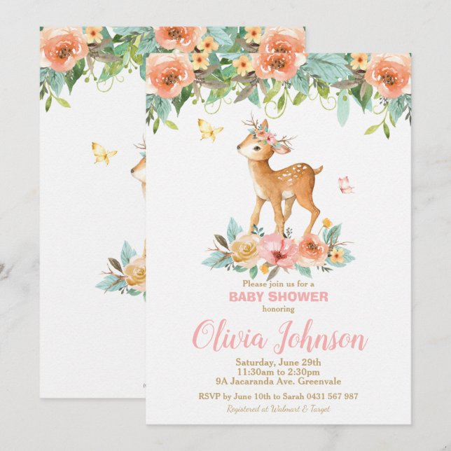 Invitation Baby shower de cerfs de fleurs Bois Animaux Bébé F (Devant / Derrière)
