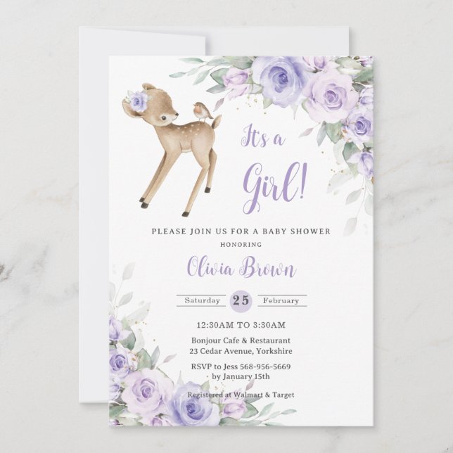 Invitation Baby shower de cerfs en bois blanc violet (Devant)