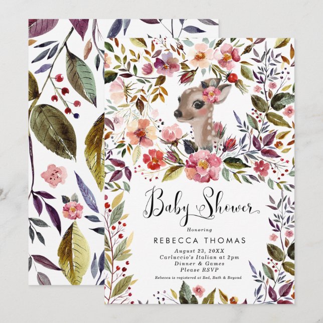 Invitation baby shower de cerfs et de fleurs mignons (Devant / Derrière)