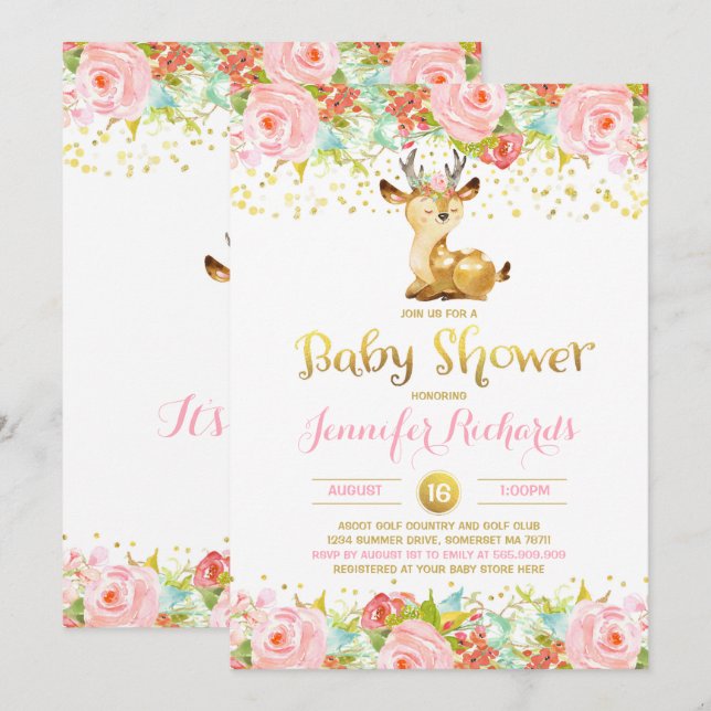 Invitation Baby shower de cerfs Floral Pink & Gold (Devant / Derrière)
