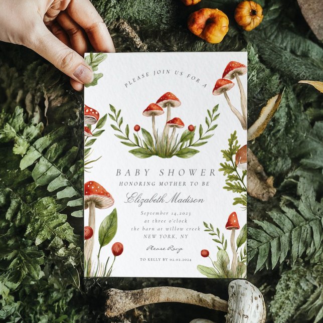 Invitation Baby shower de champignon d'aquarelle de bois (Créateur téléchargé)