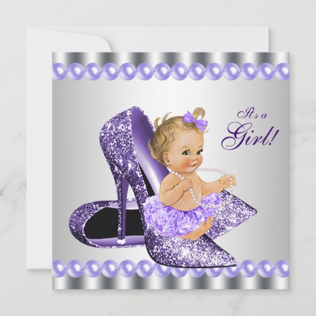 Invitation Baby shower de chaussure violet gris haute talon (Devant)