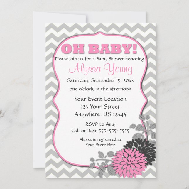 Invitation Baby shower de Chevron Floral rose (Devant)