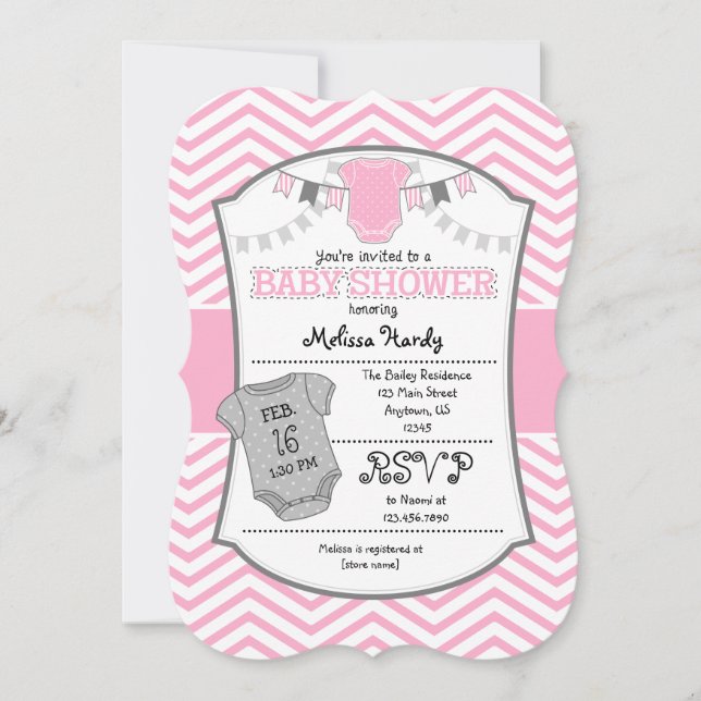Invitation Baby shower de Chevron gris rose (Devant)