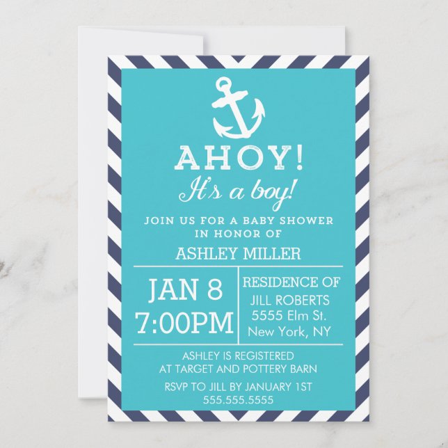Invitation Baby shower de Chevron marine et turquoise (Devant)