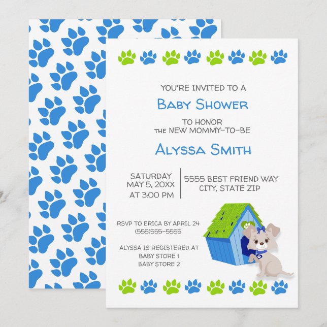 Invitation Baby shower de Chien Chien Blanc Vert Cute Invitat (Devant / Derrière)