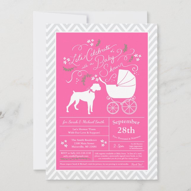 Invitation Baby shower de chien de boxer fille rose (Devant)