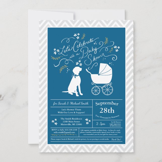 Invitation Baby shower de Chien Vizsla Bleu (Devant)